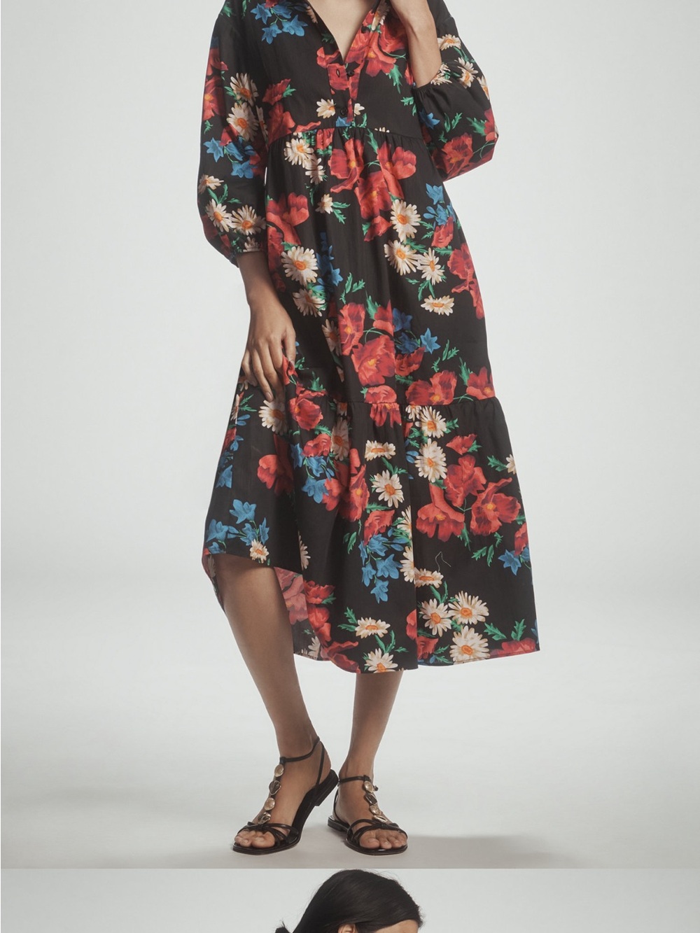 Maeve Black Floral Midi Dress with Red, Blue, and White Flowers